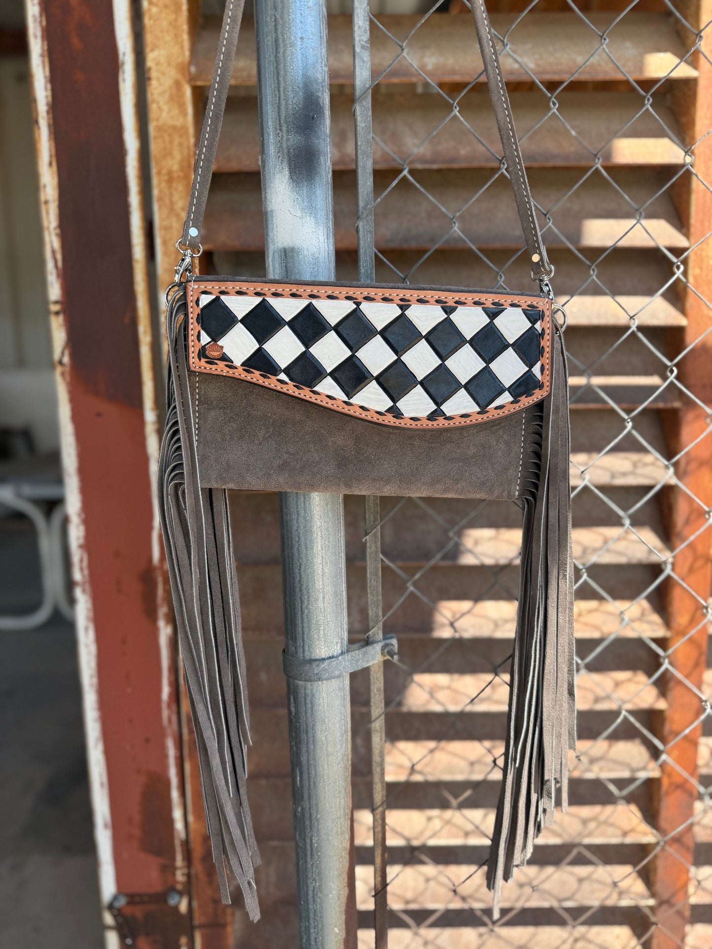 Alamo Saddlery Fringe Clutch- Checkered in grey