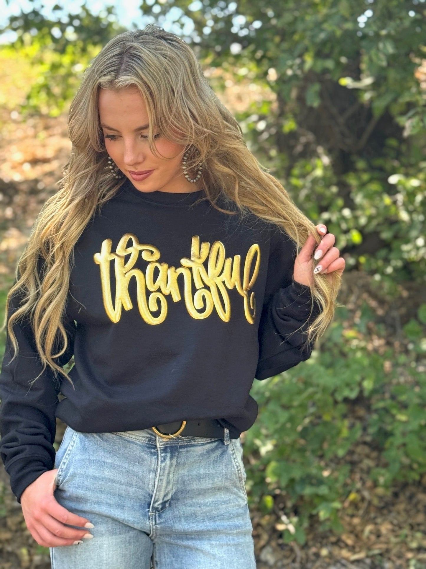 Thankful in Gold Metallic Puff Sweatshirt