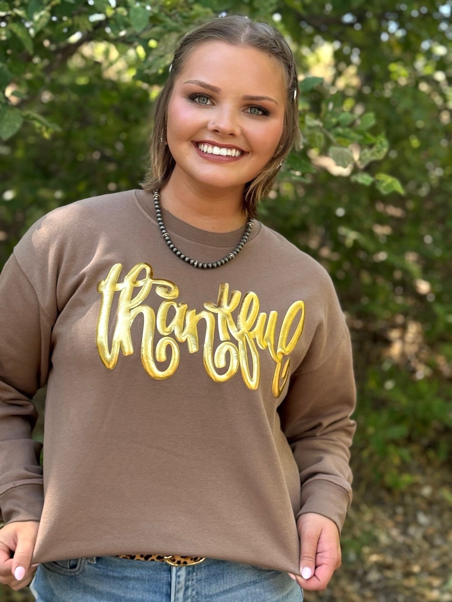 Thankful in Gold Metallic Puff Sweatshirt