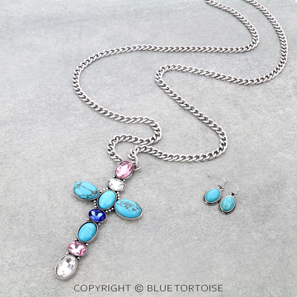 Giant Rhinestones & Turquoise Cross Necklace Set