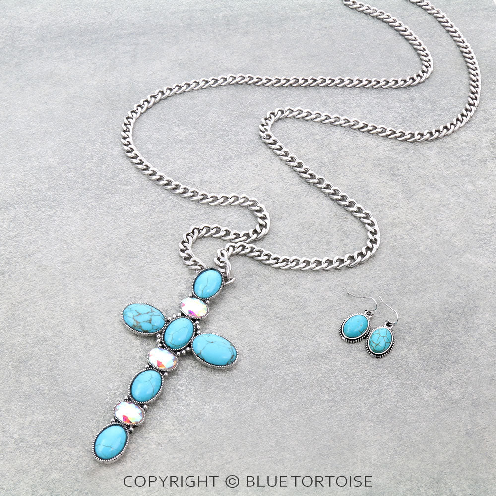 Giant Rhinestones & Turquoise Cross Necklace Set