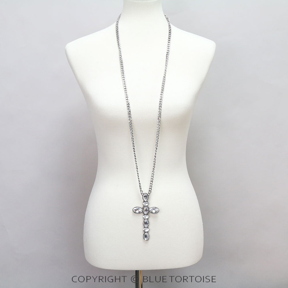 Giant Rhinestone Cross Necklace Set