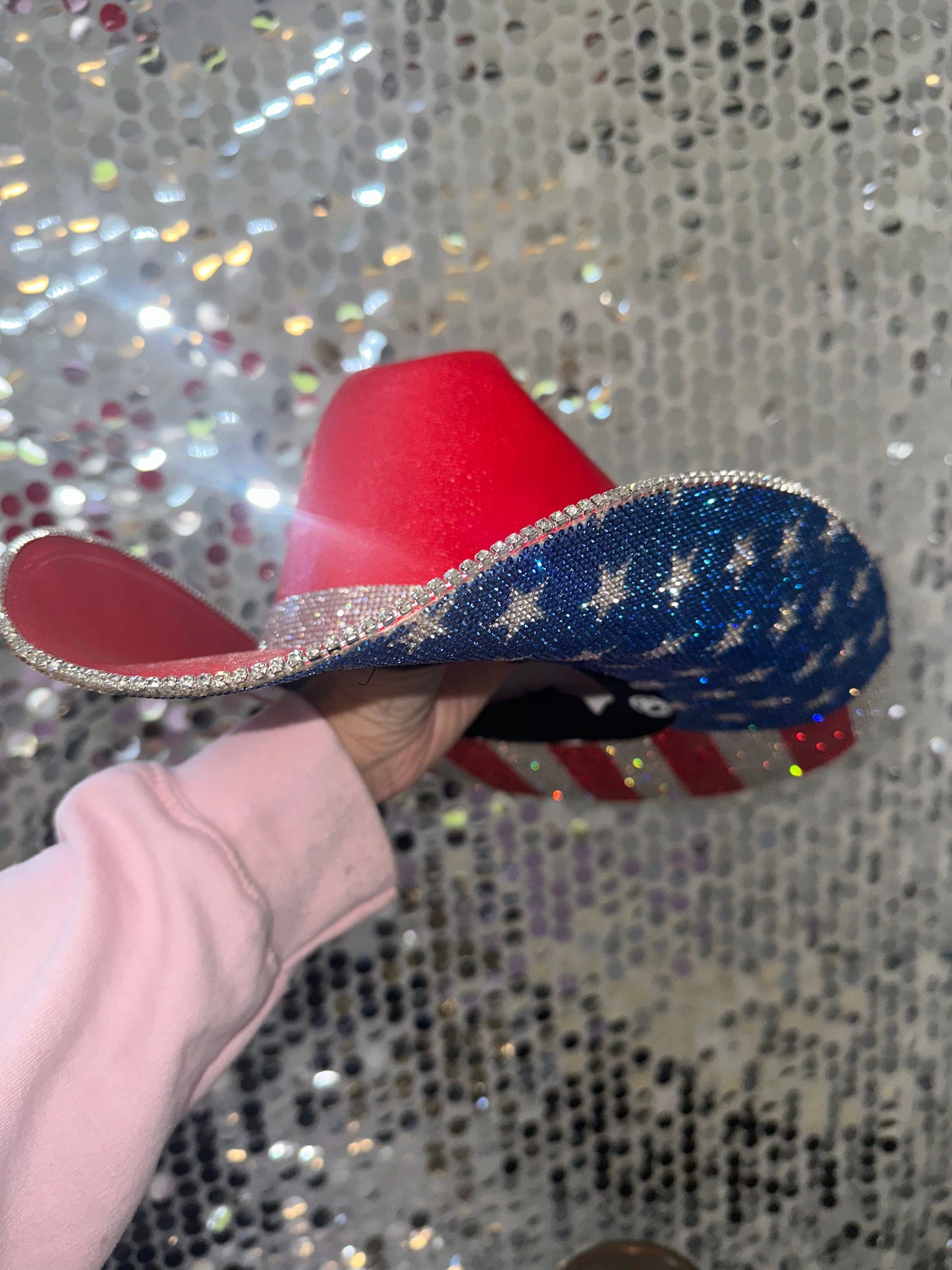 Rhinestone Cowgirl Red Straw Hat with American Flag Print