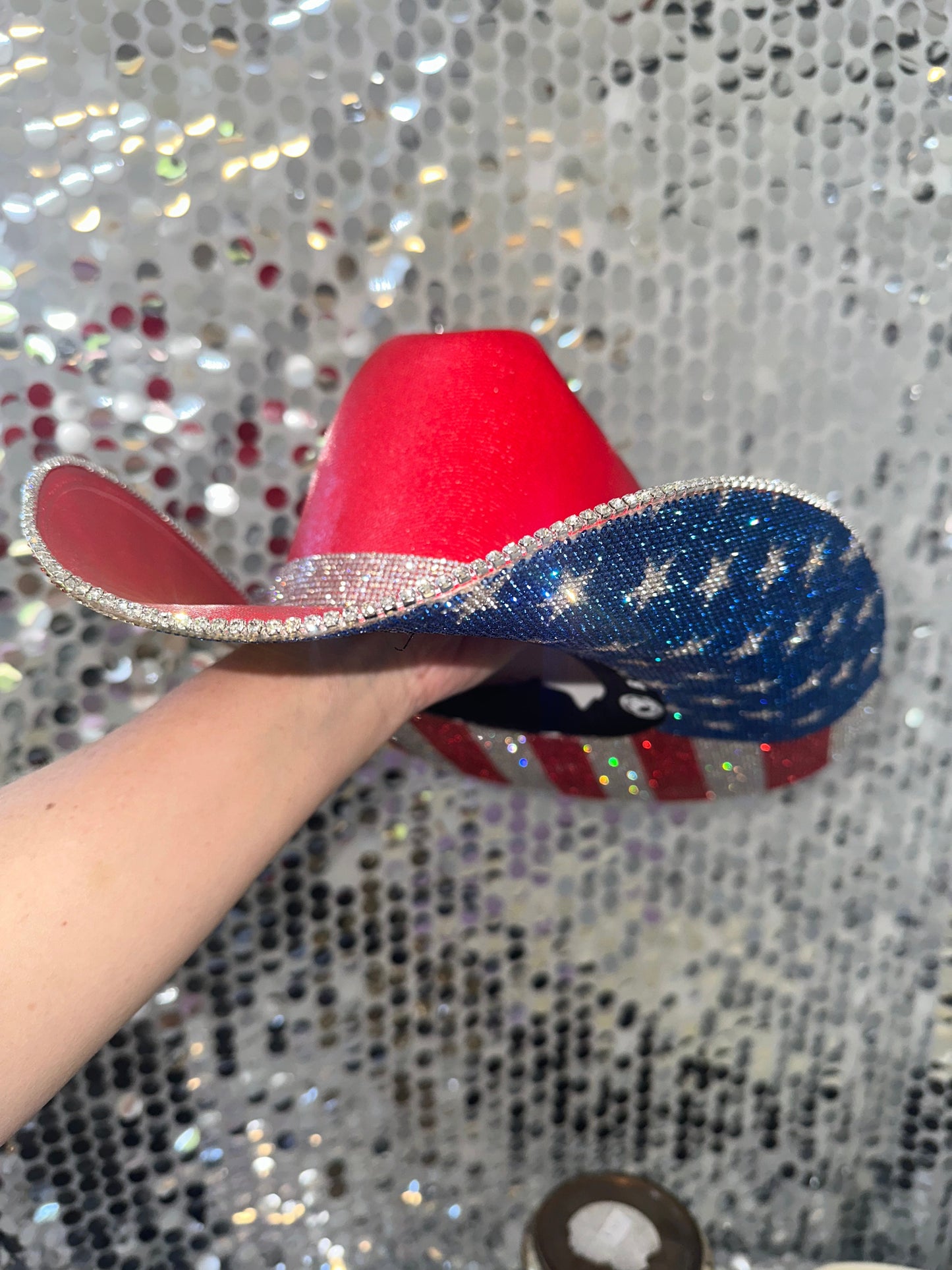 Rhinestone Cowgirl Red Straw Hat with American Flag Print