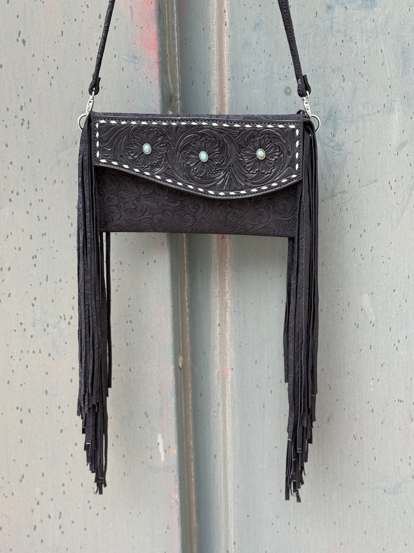 Alamo Saddlery Fringe Clutch- Turquoise Stone (black)