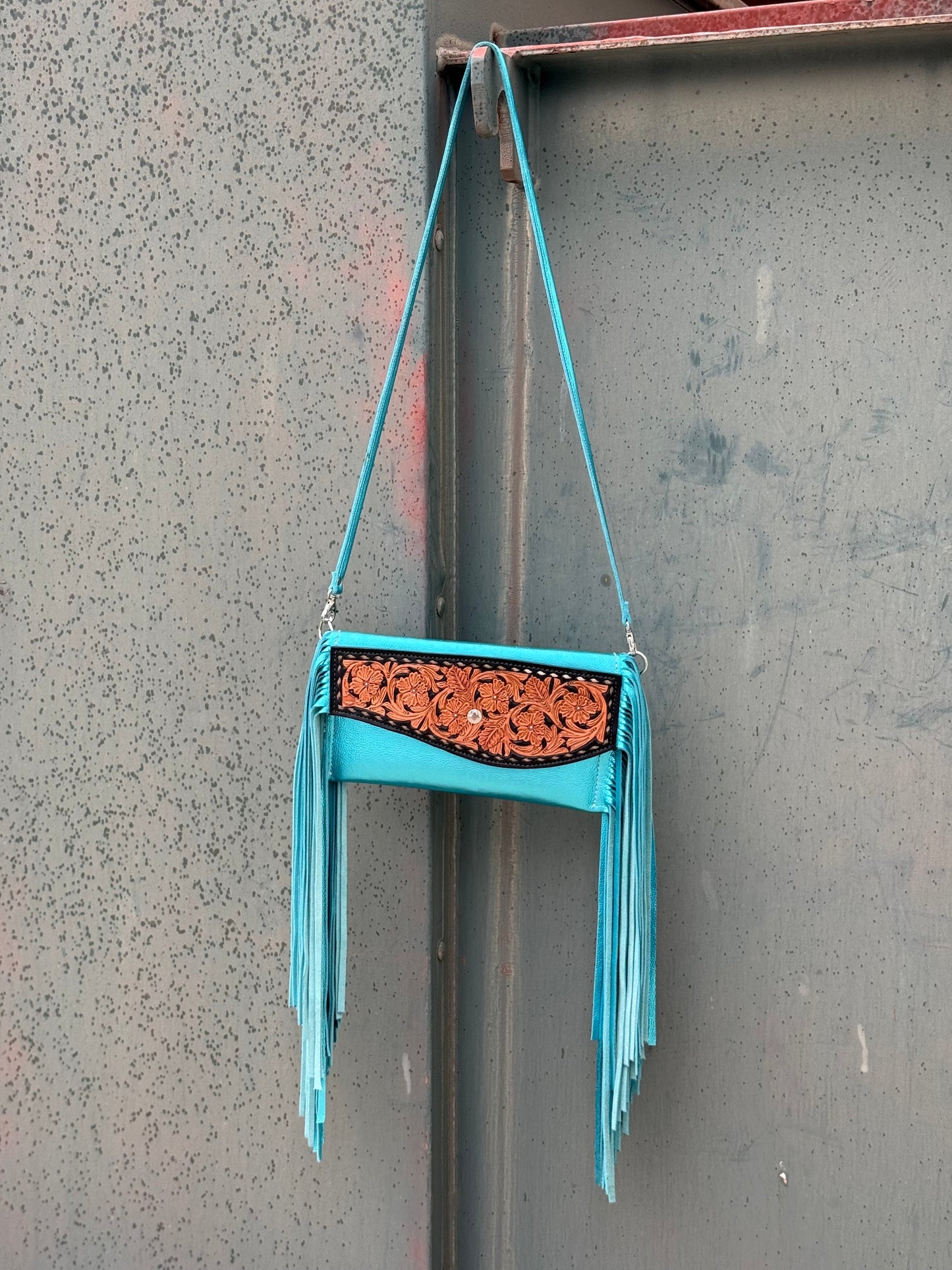 Alamo Saddlery Fringe Clutch- Turquoise Metallic