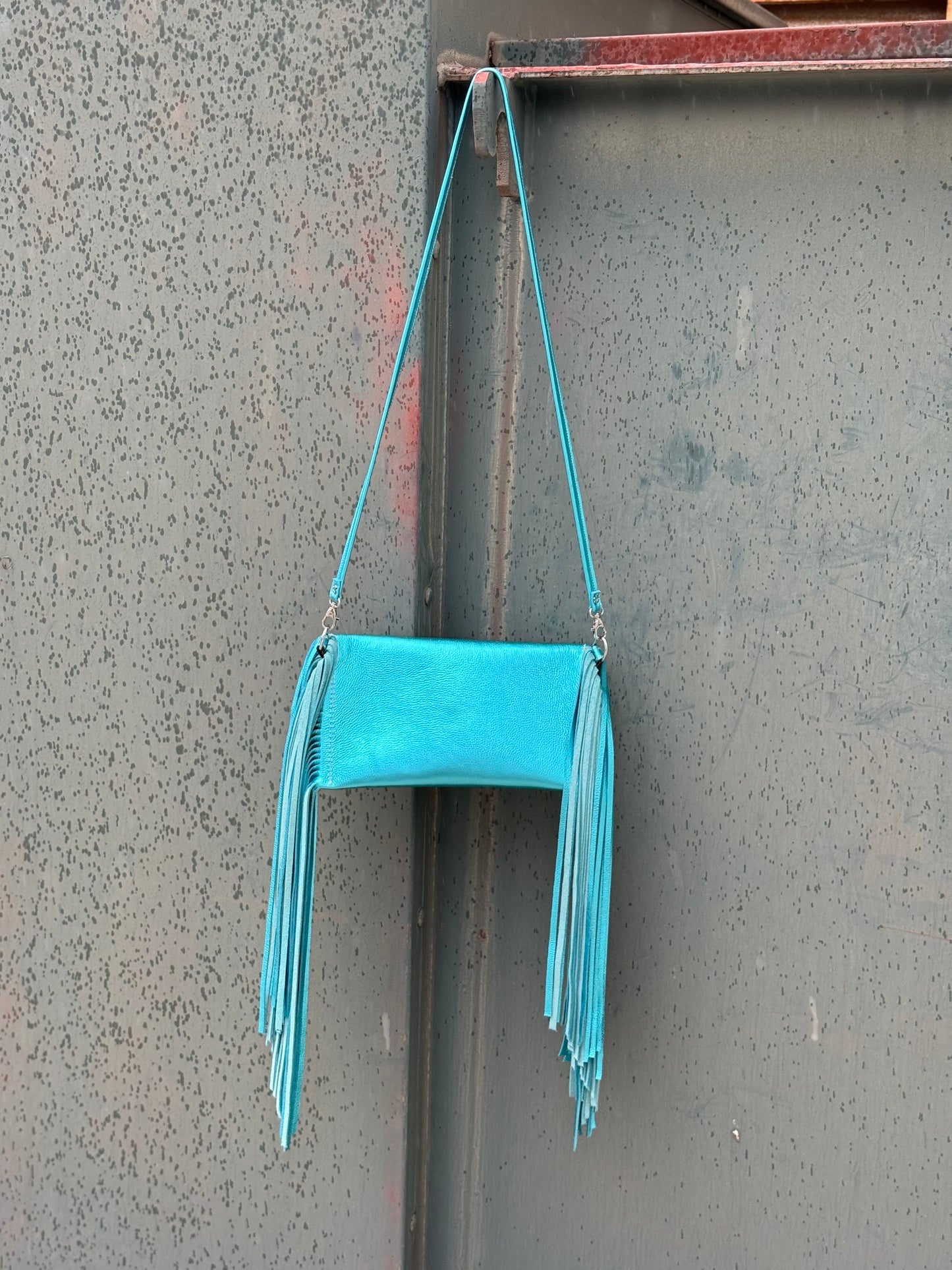 Alamo Saddlery Fringe Clutch- Turquoise Metallic