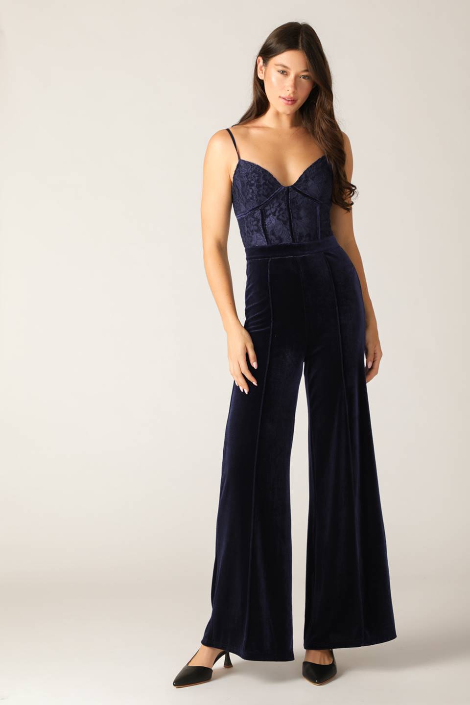 Flying Tomato Gleaming Glam Woven Lace Velvet Jumpsuit