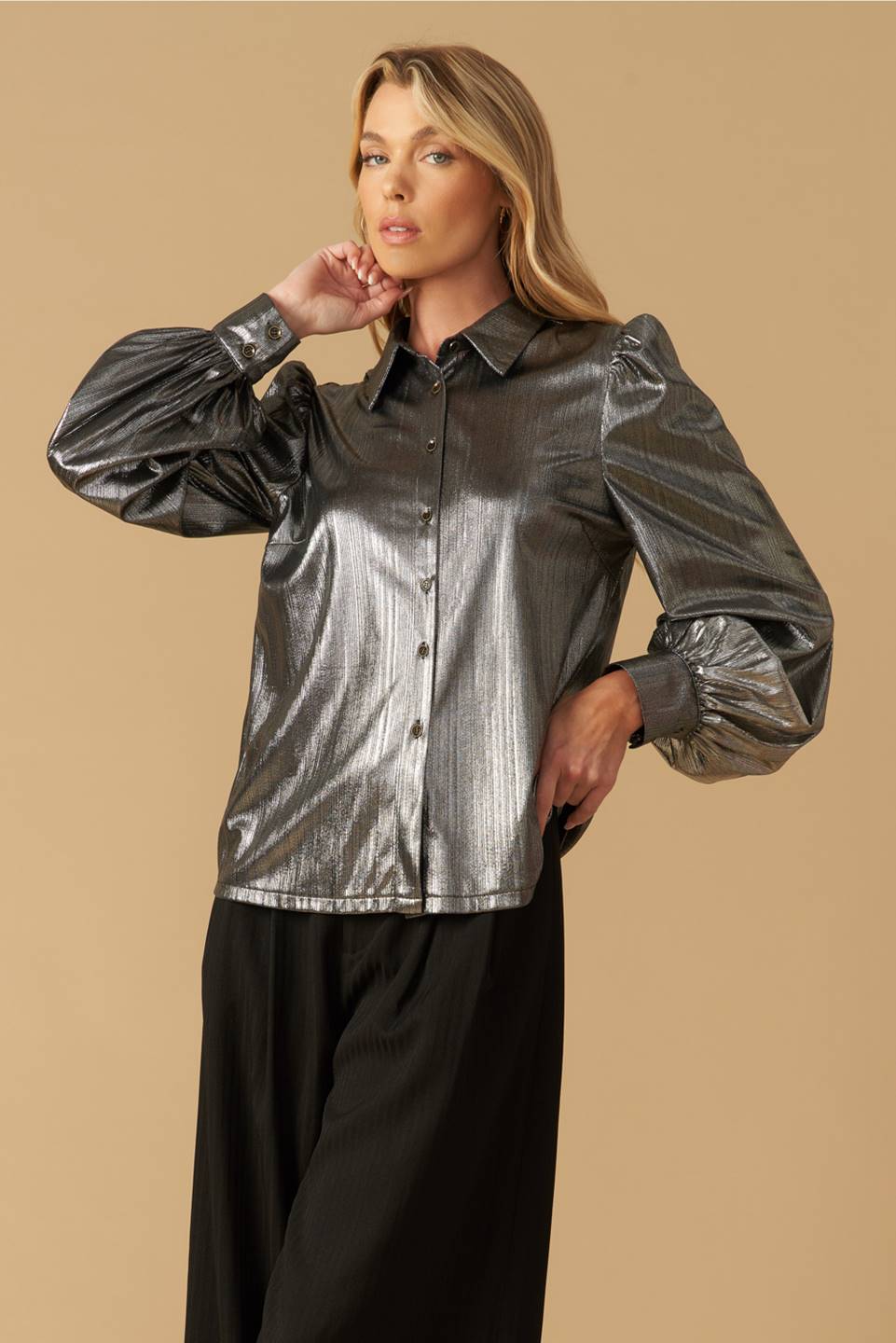 Flirty Vibes Metallic Foil Coated Top