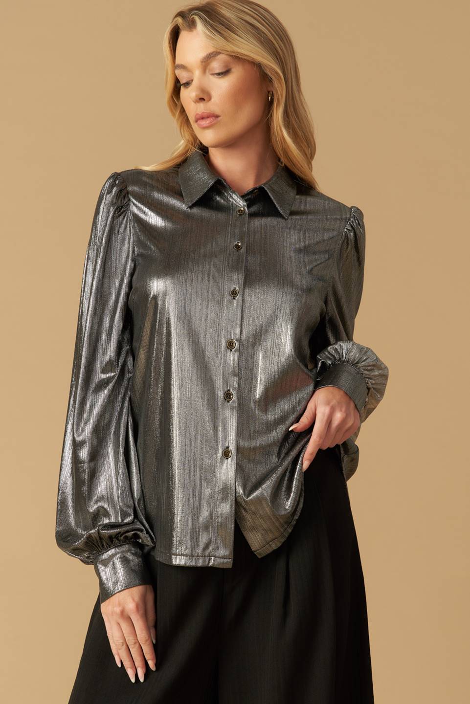 Flirty Vibes Metallic Foil Coated Top