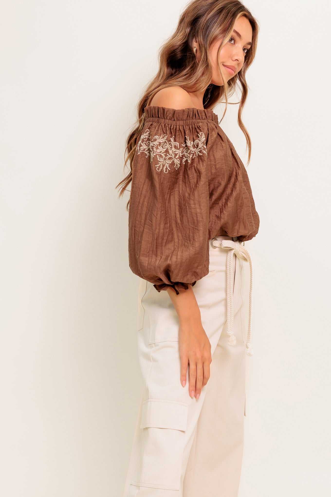 Flying Tomato Full Speed Ahead Brown Woven Top