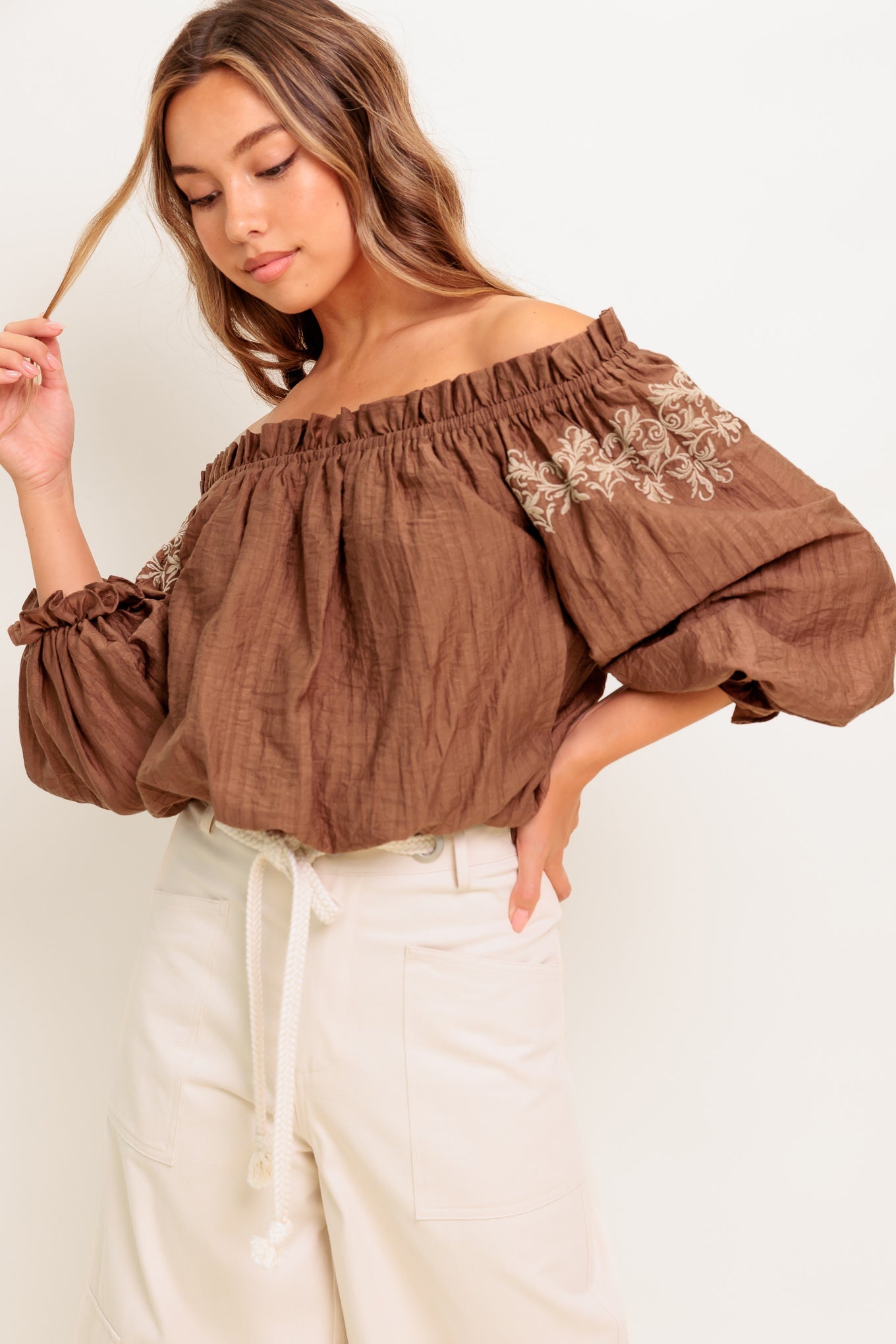 Flying Tomato Full Speed Ahead Brown Woven Top