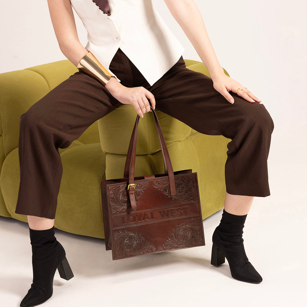 Myra Loyal West Mivva Handtooled Medium Bag - Brunette Leather