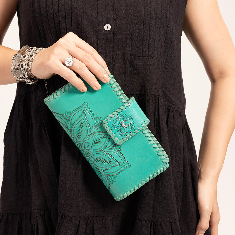 Myra Loyal West Desert Lotus Wallet  - Turquoise  Handtooled Leather & Calfskin