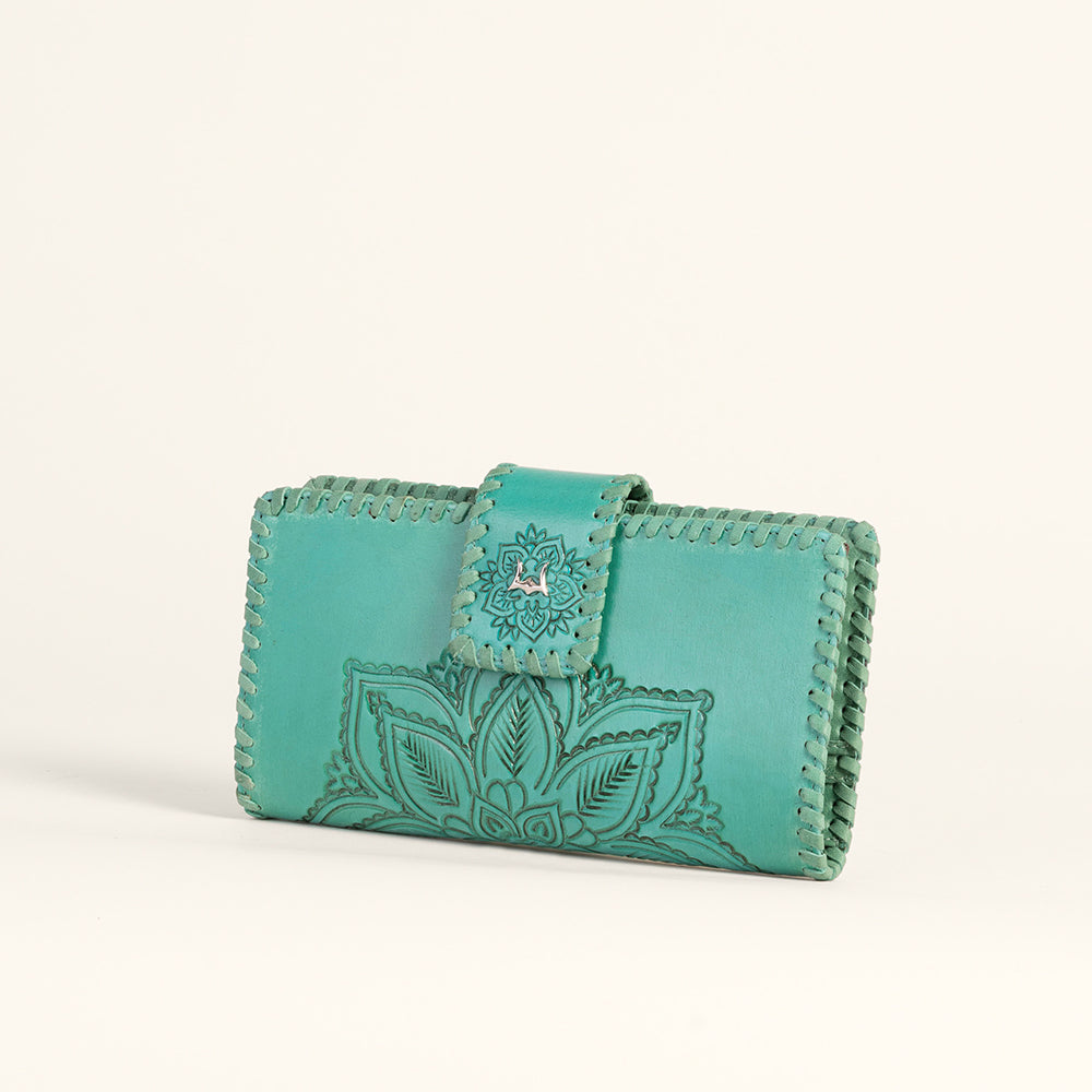 Myra Loyal West Desert Lotus Wallet  - Turquoise  Handtooled Leather & Calfskin