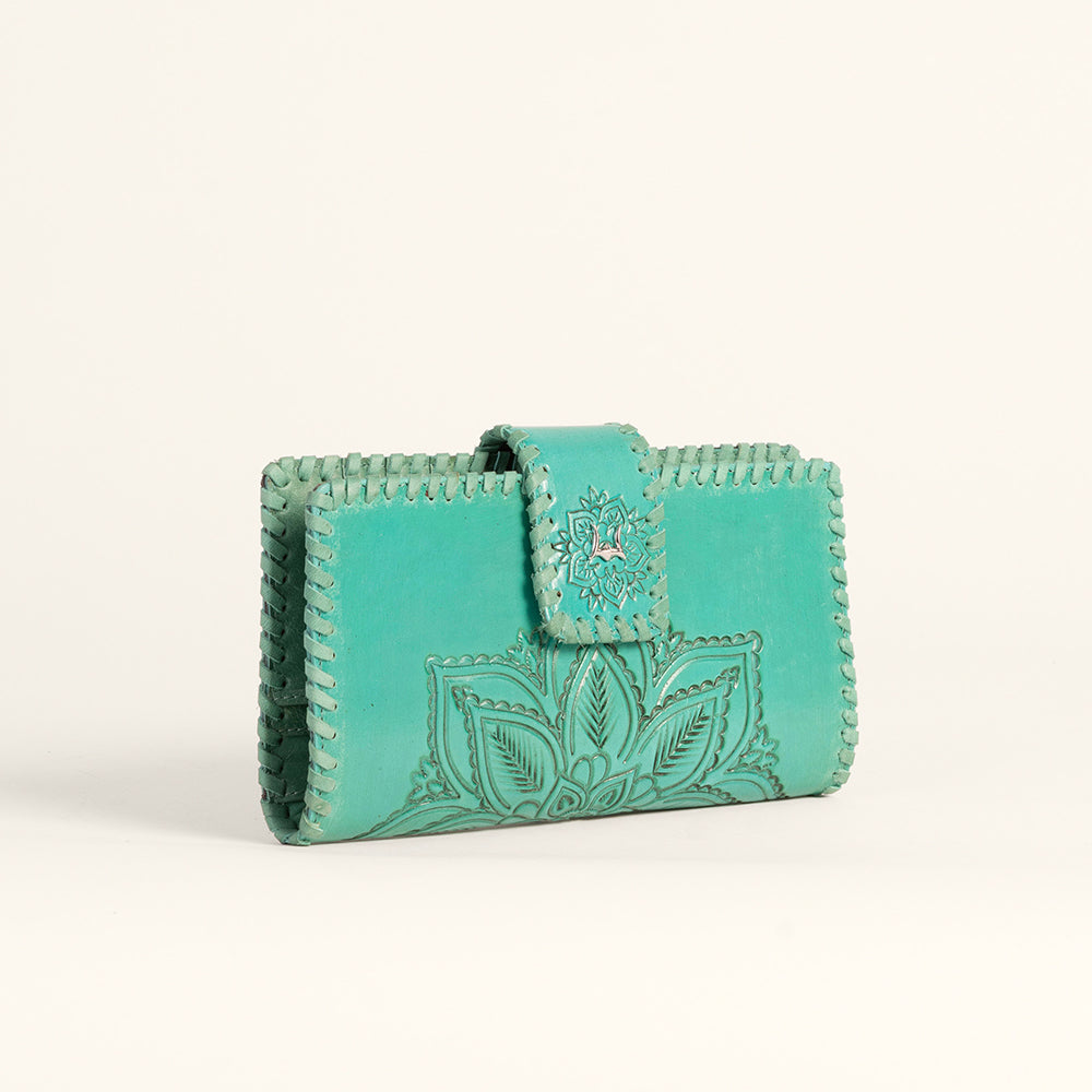 Myra Loyal West Desert Lotus Wallet  - Turquoise  Handtooled Leather & Calfskin