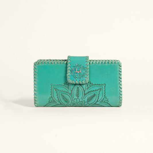 Myra Loyal West Desert Lotus Wallet  - Turquoise  Handtooled Leather & Calfskin