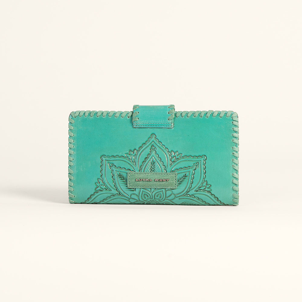 Myra Loyal West Desert Lotus Wallet  - Turquoise  Handtooled Leather & Calfskin