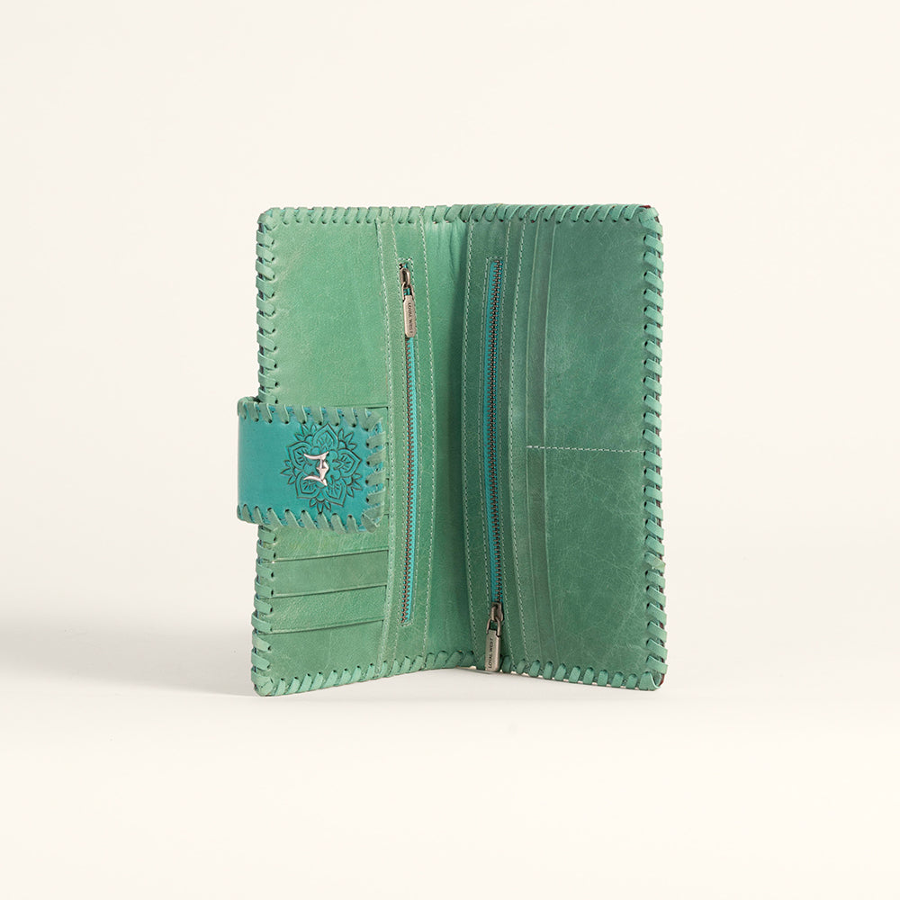 Myra Loyal West Desert Lotus Wallet  - Turquoise  Handtooled Leather & Calfskin