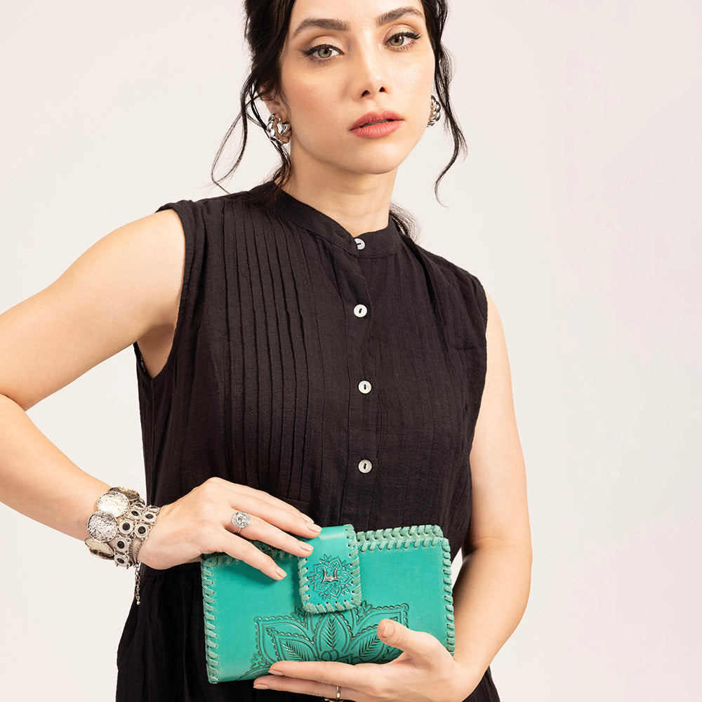 Myra Loyal West Desert Lotus Wallet  - Turquoise  Handtooled Leather & Calfskin