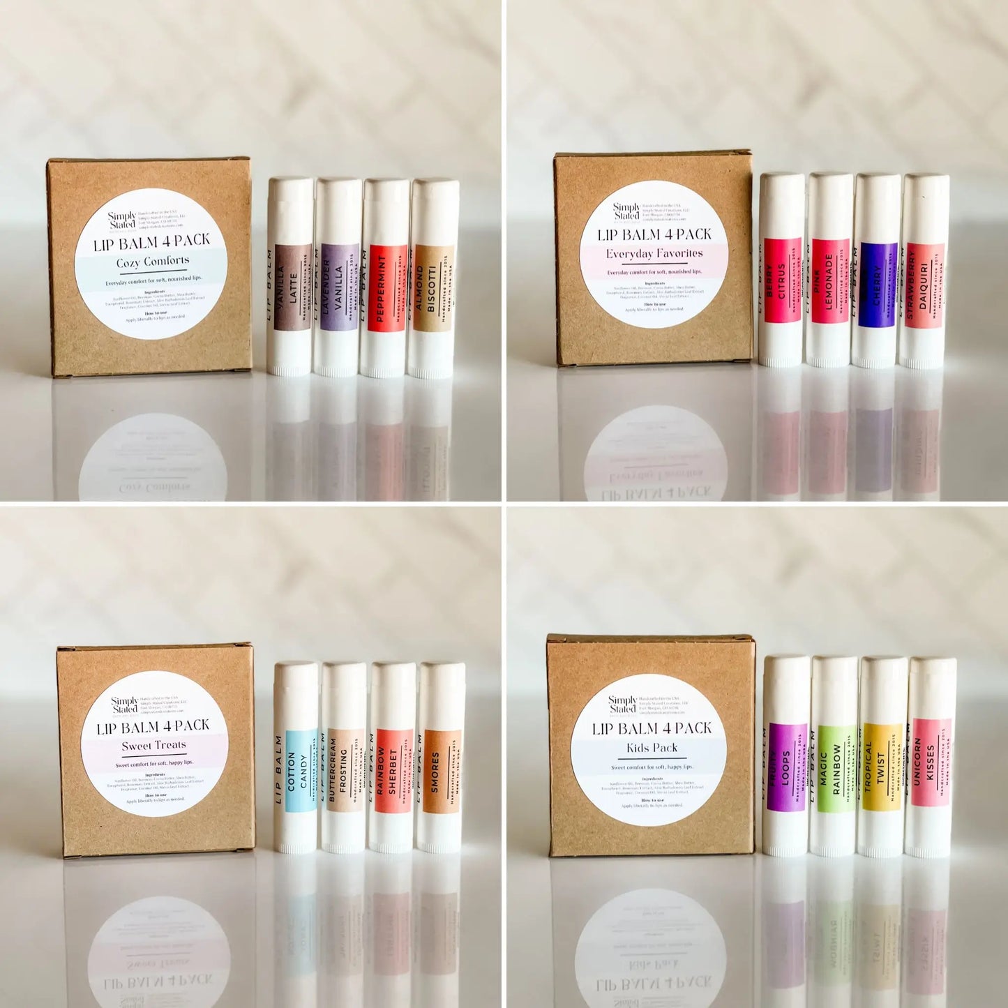 Simply Stated Creations Cozy Comforts Lip Balm 4-Pack | Curated Flavor Bundles