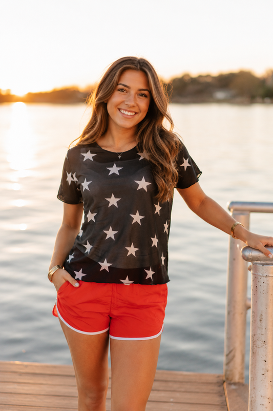 Patriotic Stars Mesh Short-Sleeve Top, Navy