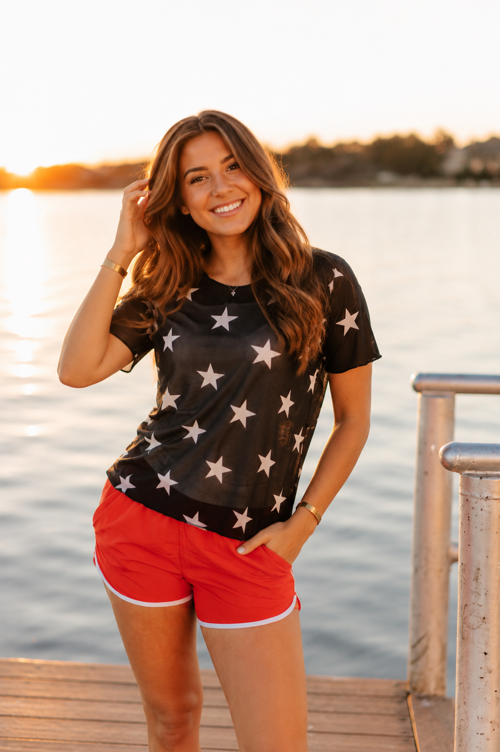 Patriotic Stars Mesh Short-Sleeve Top, Navy
