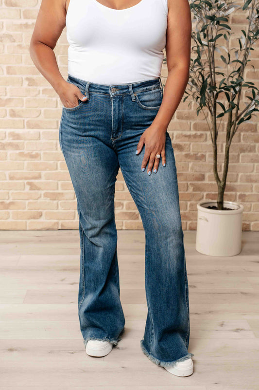 Judy Blue Miley High Waist Control Top Frayed Hem Flare Jeans 33.5" INSEAM