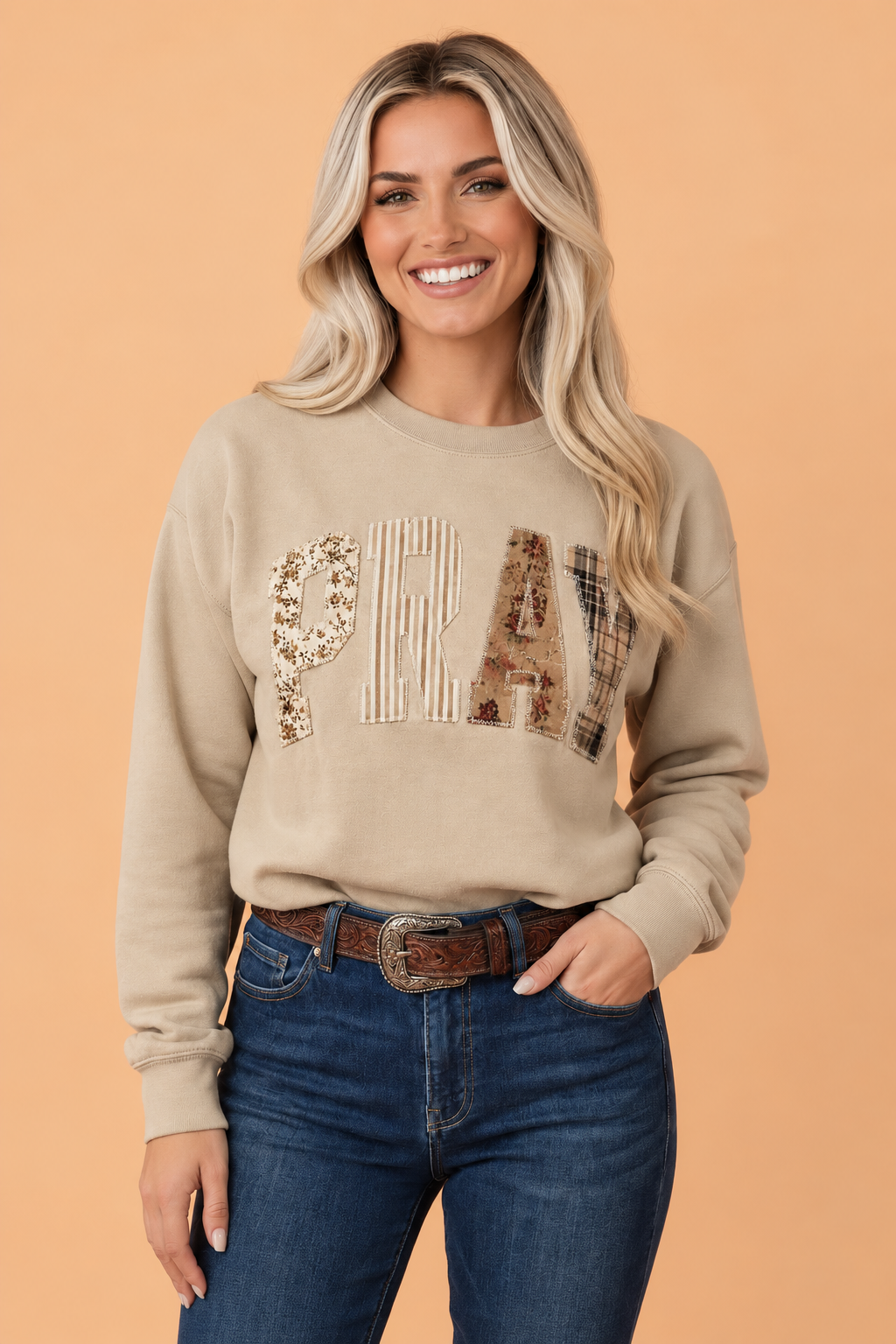 PRAY Embroidered Patchwork Drop Shoulder Sweatshirt