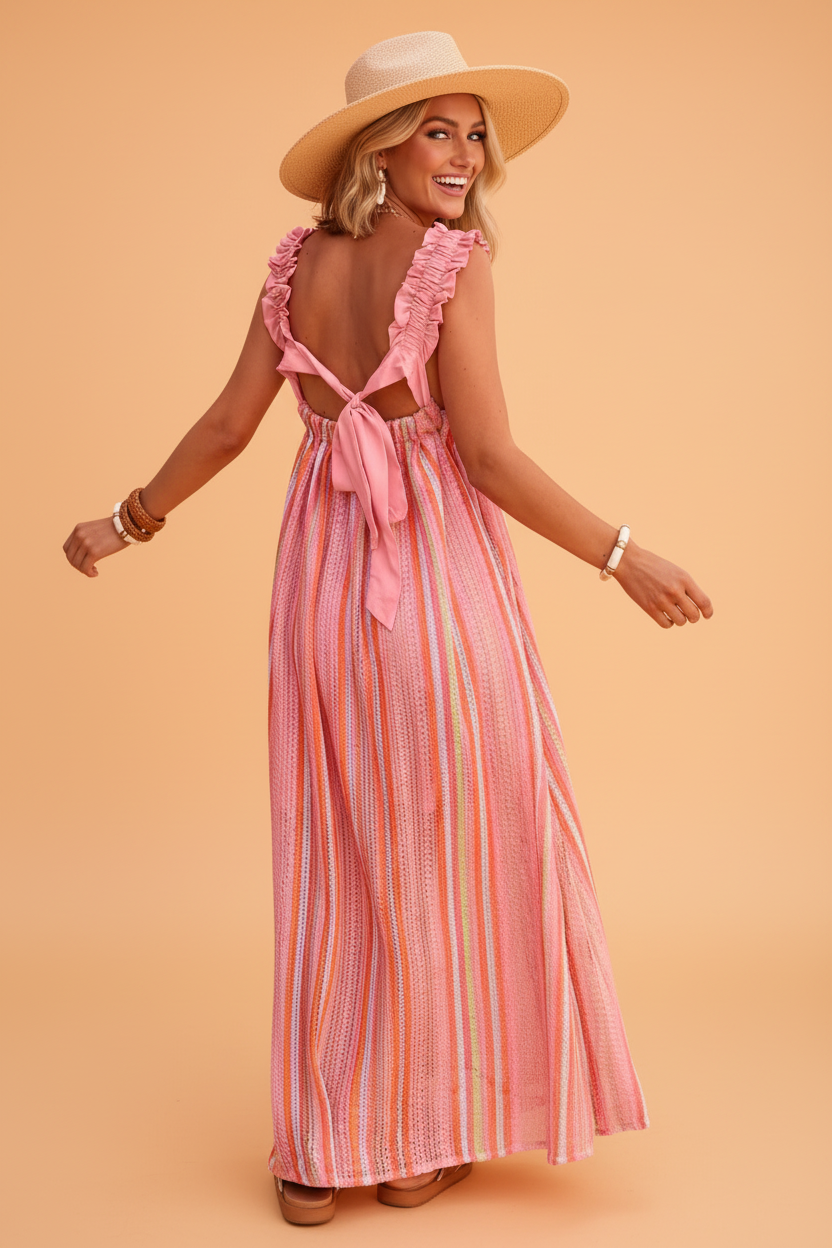 Stripe Textured Knit Ruffle Tie Back Maxi Dress