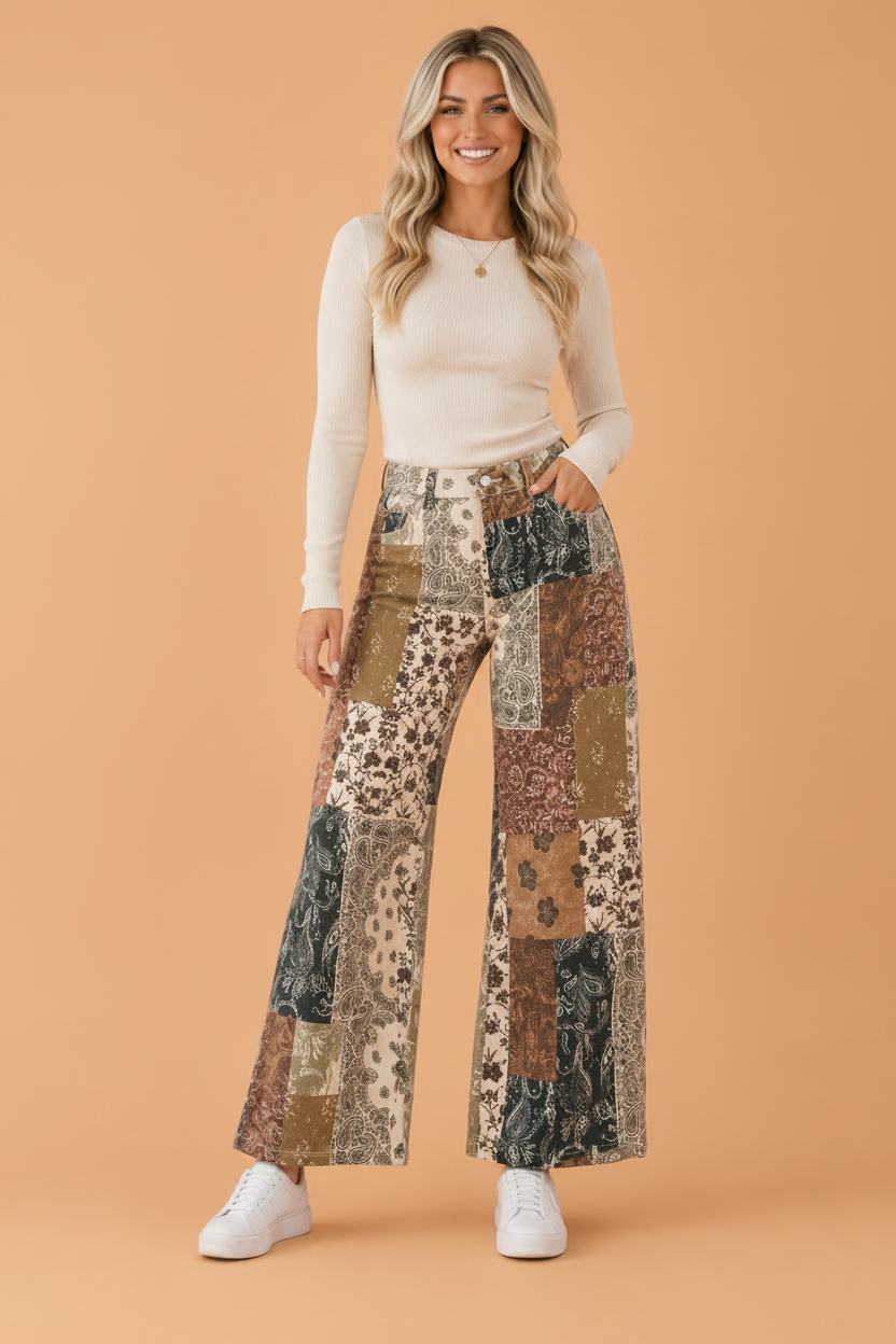 Wild and Western Rodeo Print High Waist Wide Leg Jeans
