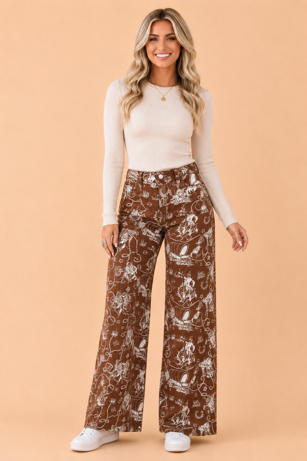 Wild and Western Rodeo Print High Waist Wide Leg Jeans
