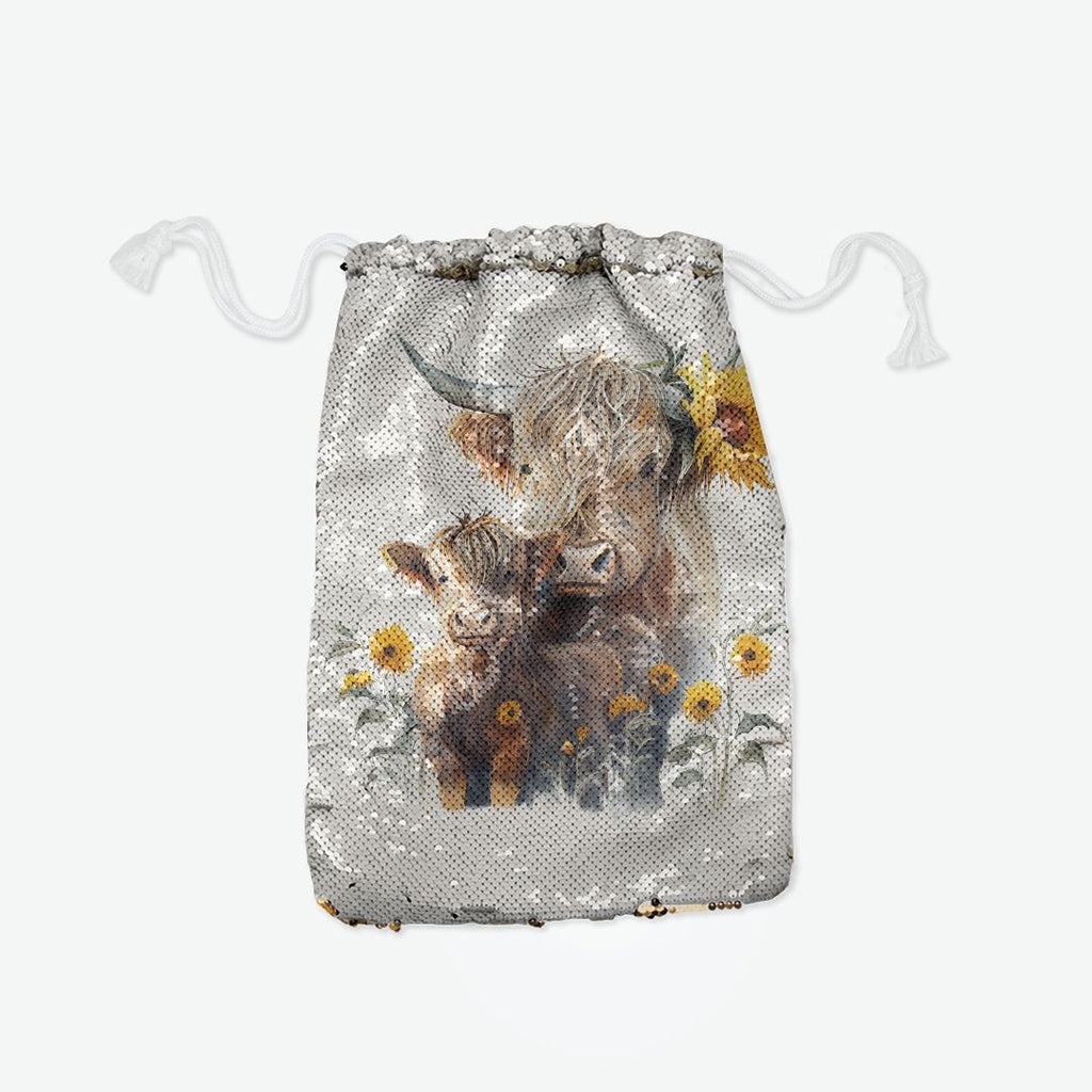 Highland Cow Sequin Reversible Pull String Bag