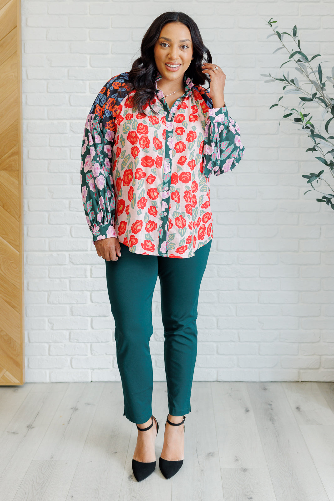 Floral Mixed Print Button Up Blouse