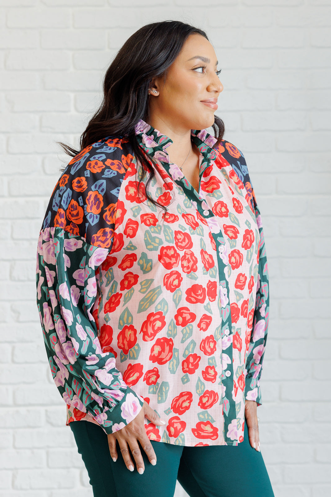 Floral Mixed Print Button Up Blouse