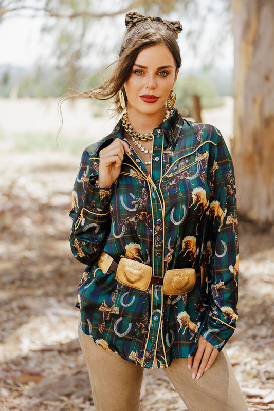 Rodeo Quincy Lucky Plaid Pony Buck Button Up