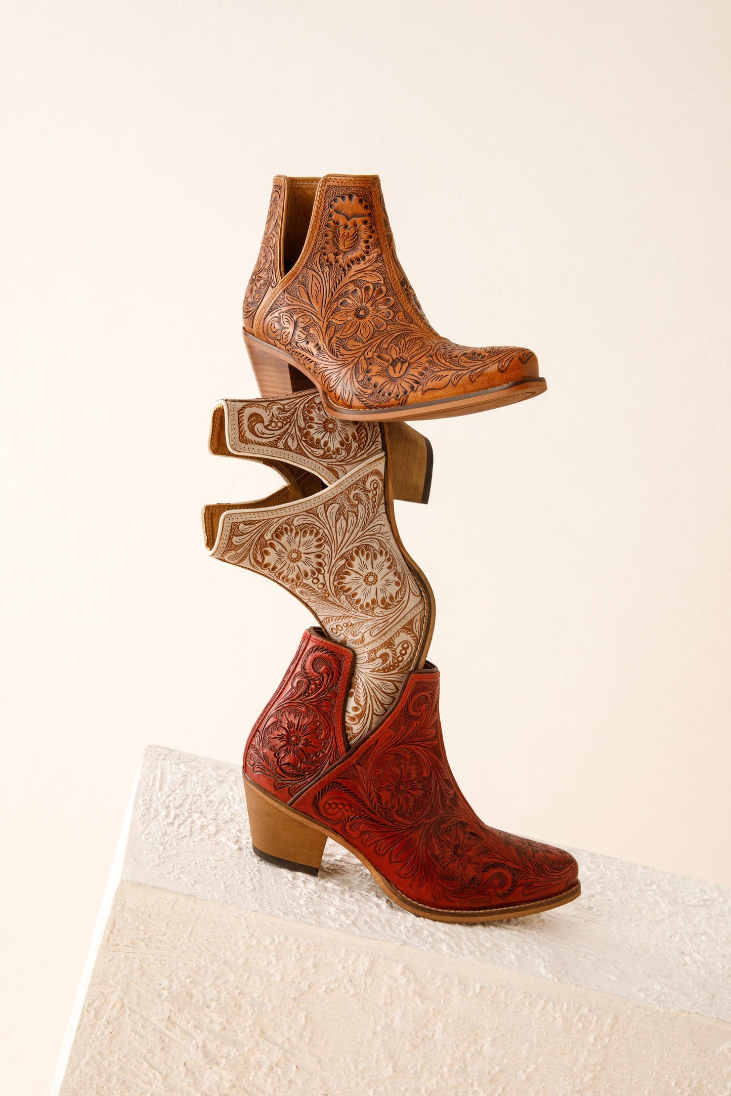 Myra Western Moxie Hand-tooled Booties in Scarlet