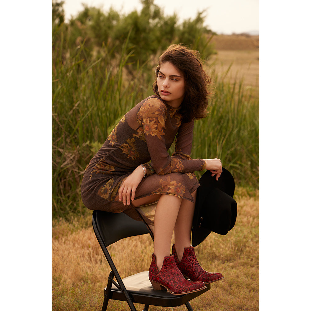 Myra Western Moxie Hand-tooled Booties in Scarlet