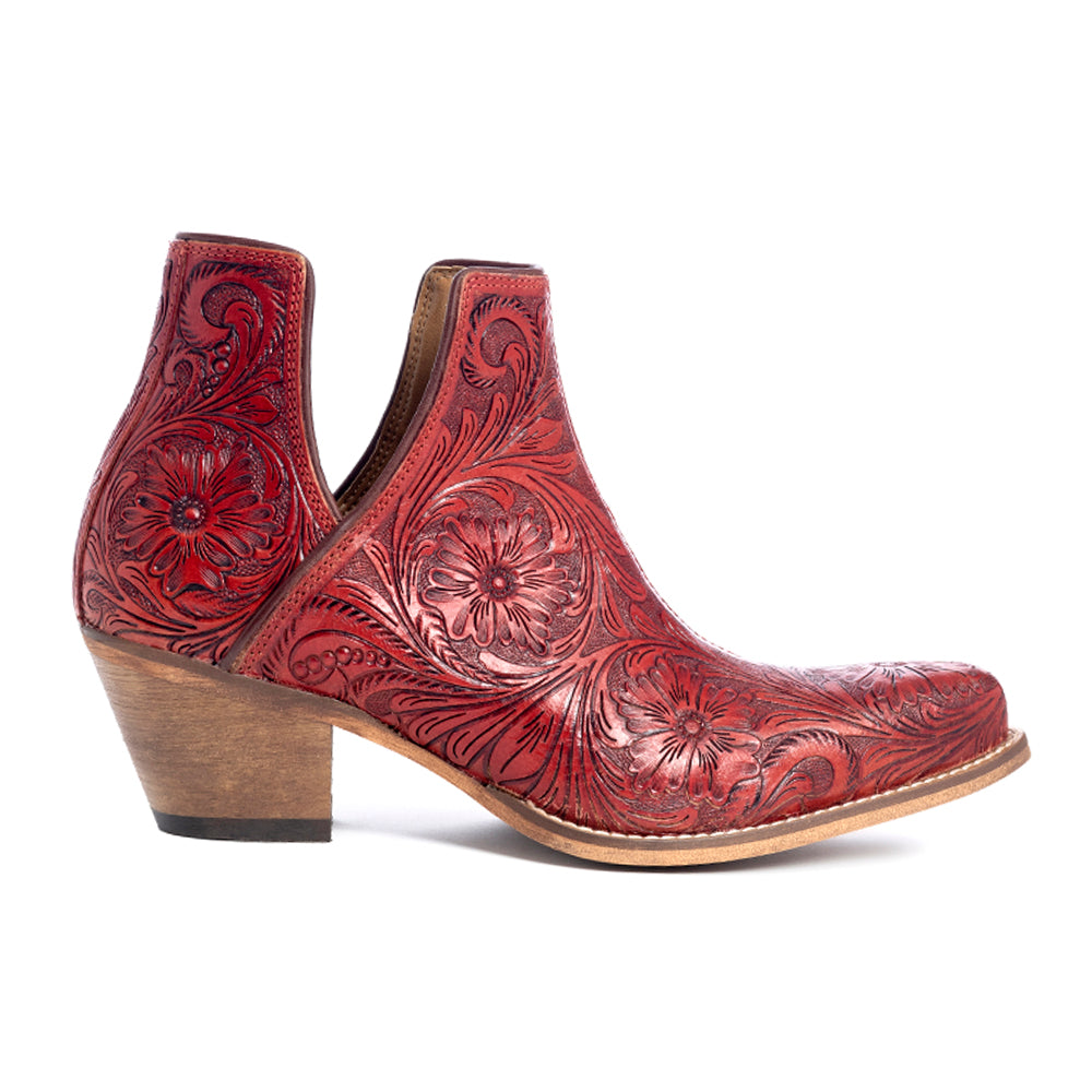 Myra Western Moxie Hand-tooled Booties in Scarlet