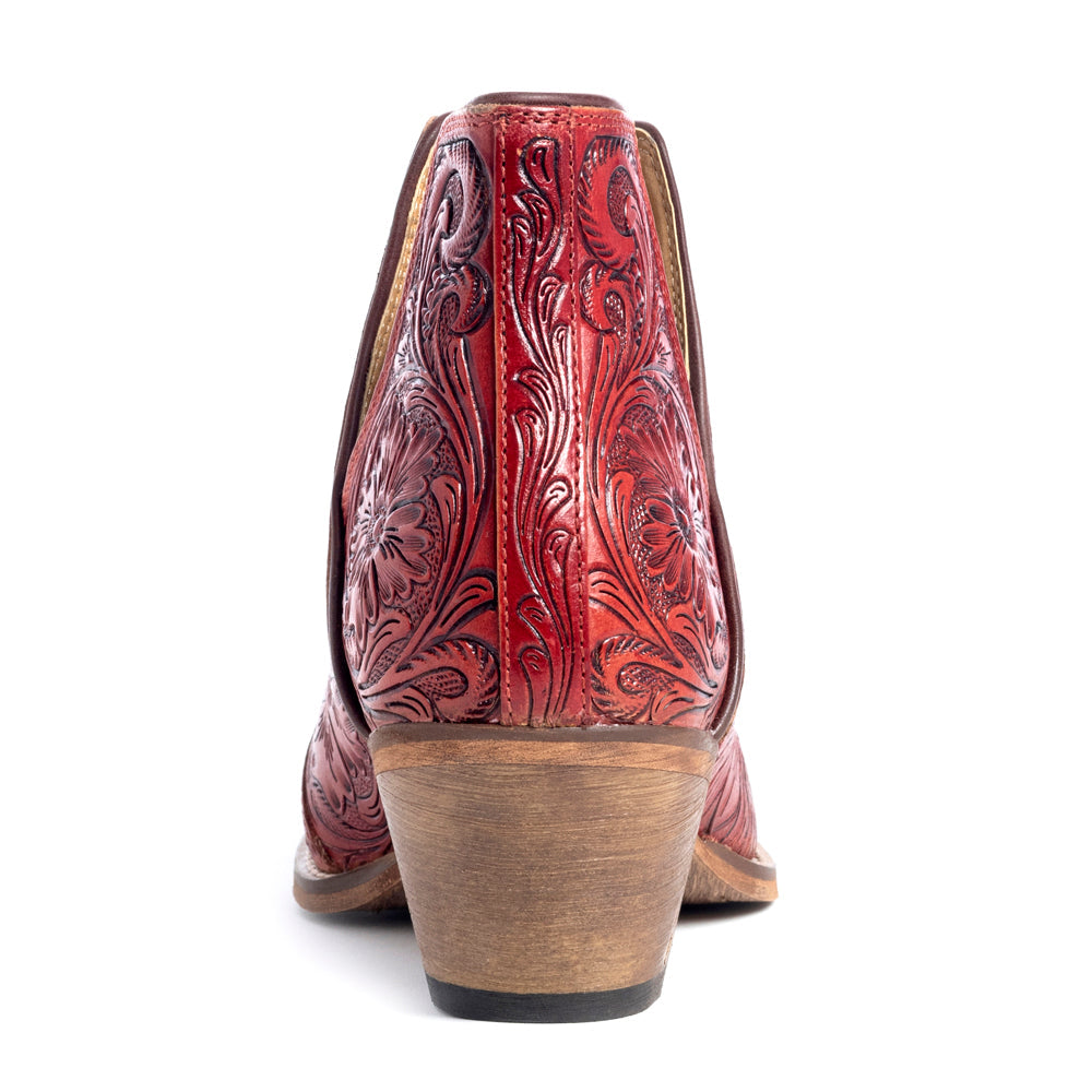 Myra Western Moxie Hand-tooled Booties in Scarlet
