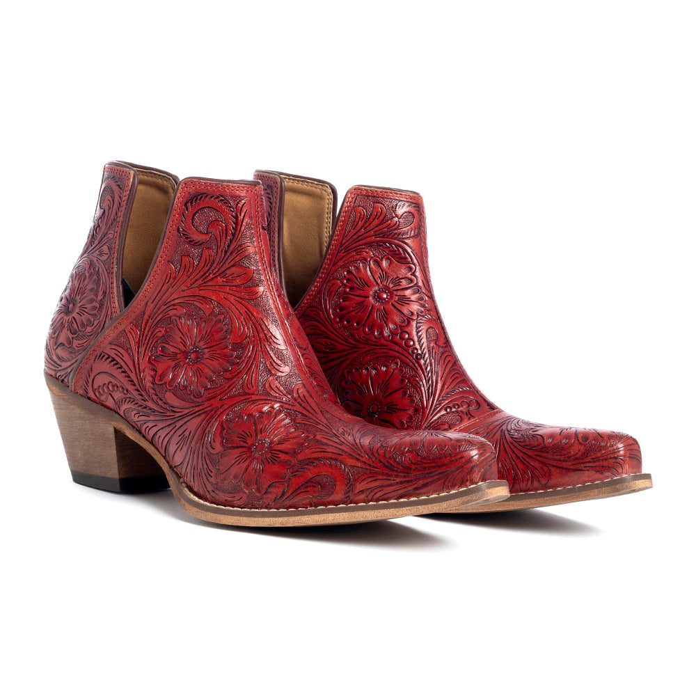 Myra Western Moxie Hand-tooled Booties in Scarlet