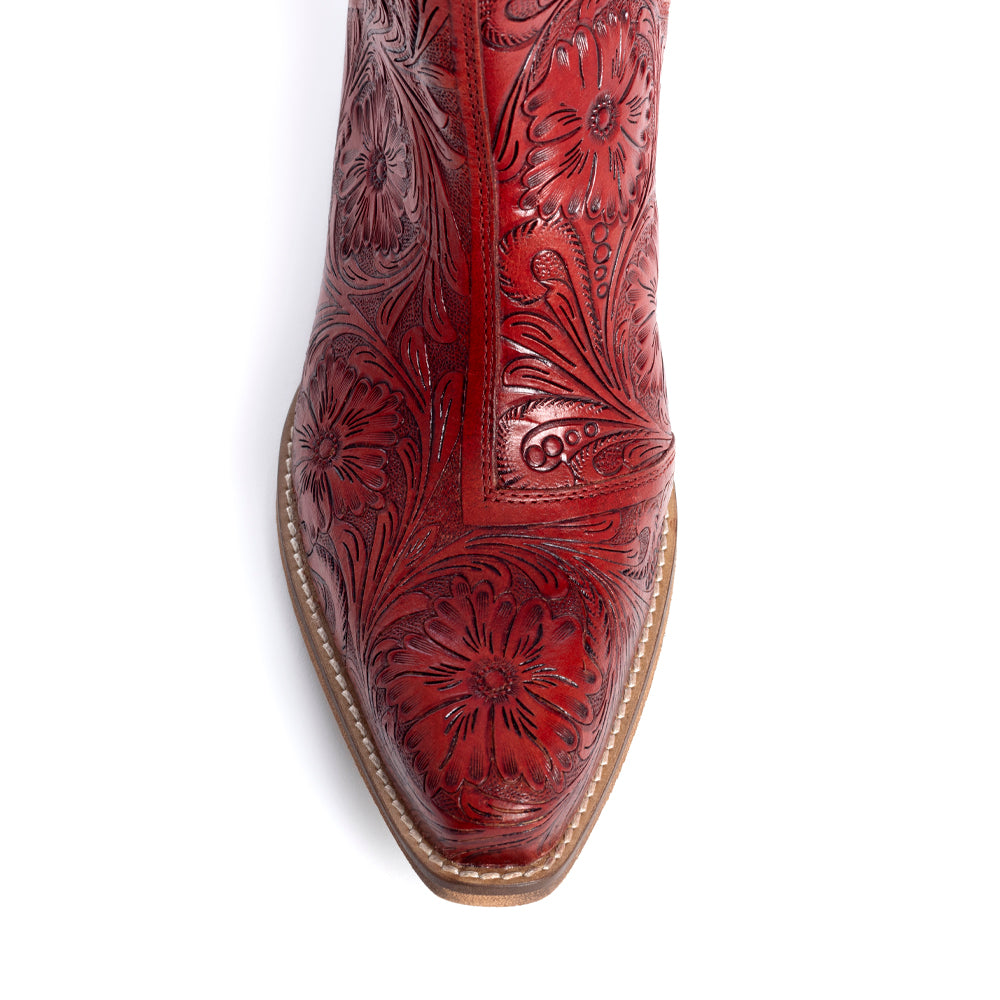 Myra Western Moxie Hand-tooled Booties in Scarlet