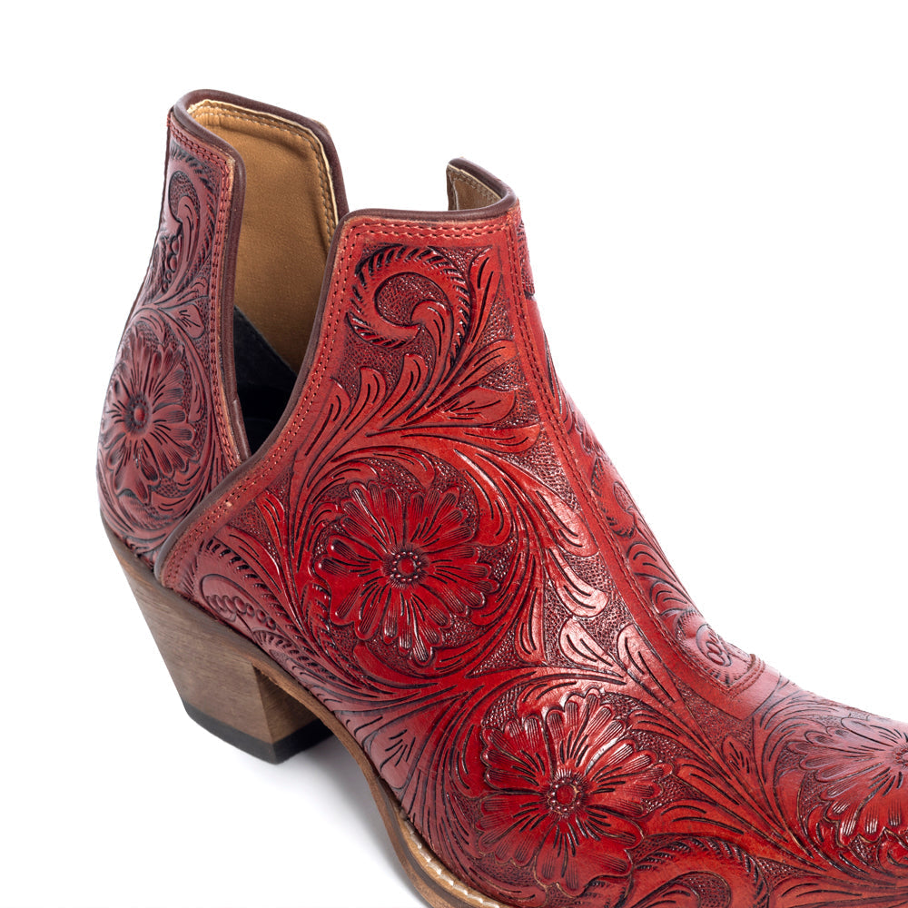 Myra Western Moxie Hand-tooled Booties in Scarlet
