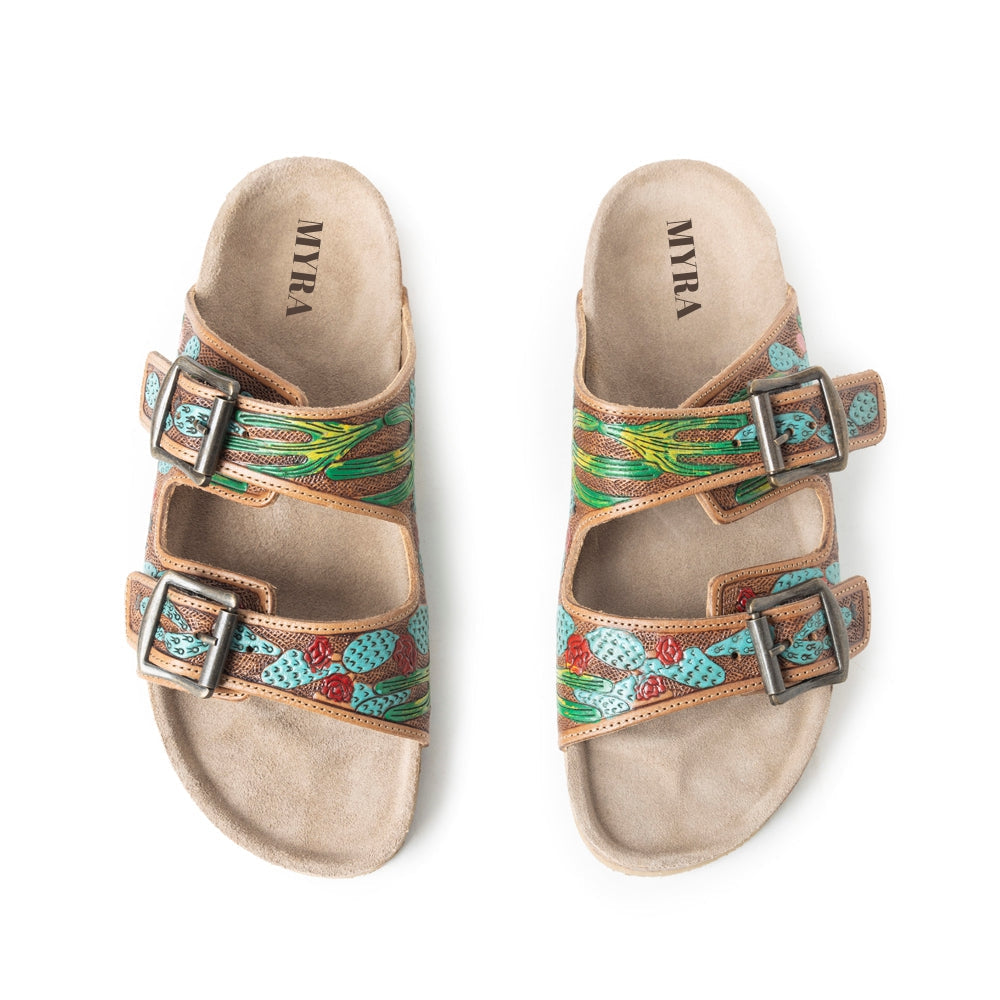 Myra Falling Feather Sandals In Green and Brown