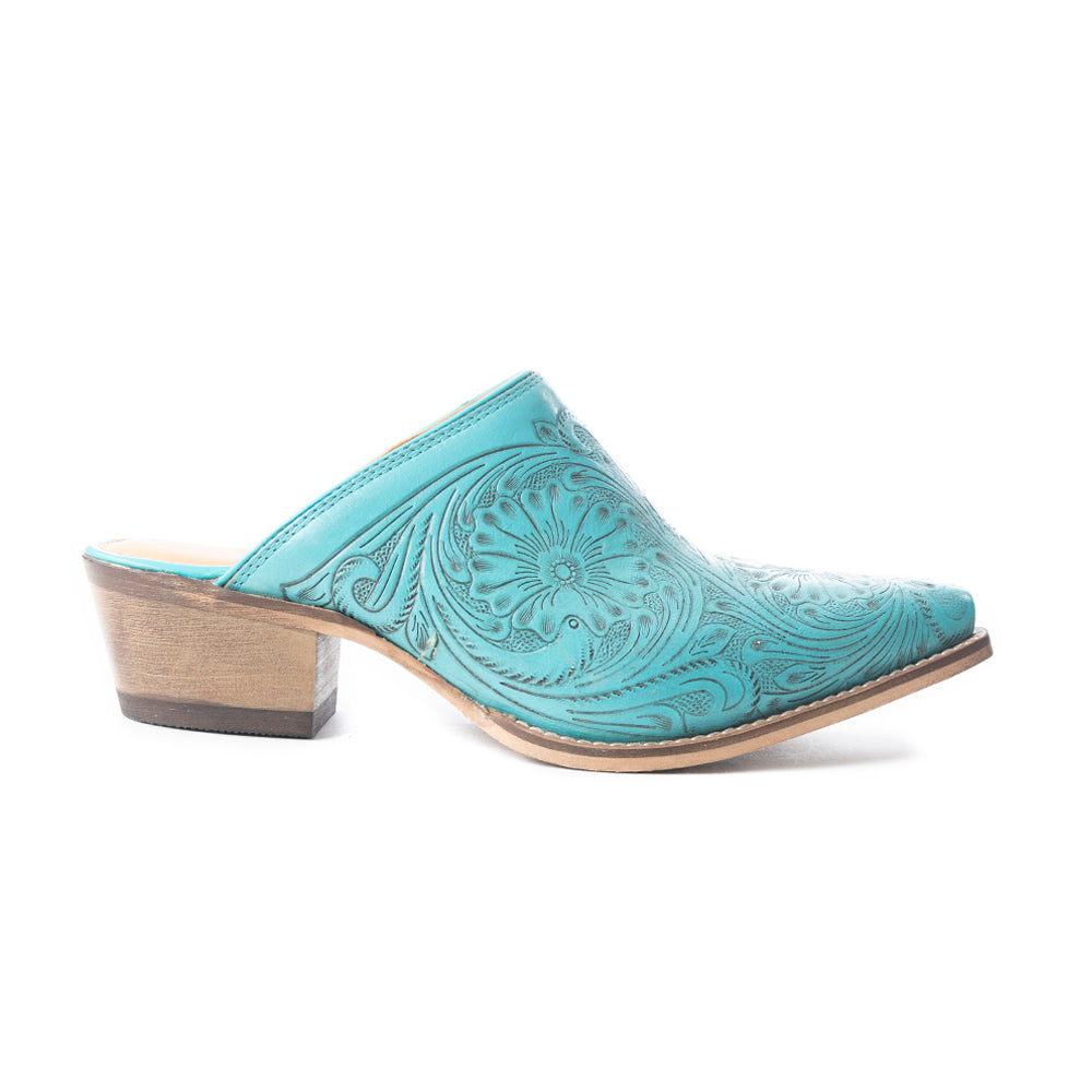Myra Valeria Hand-tooled Mules In Turquoise