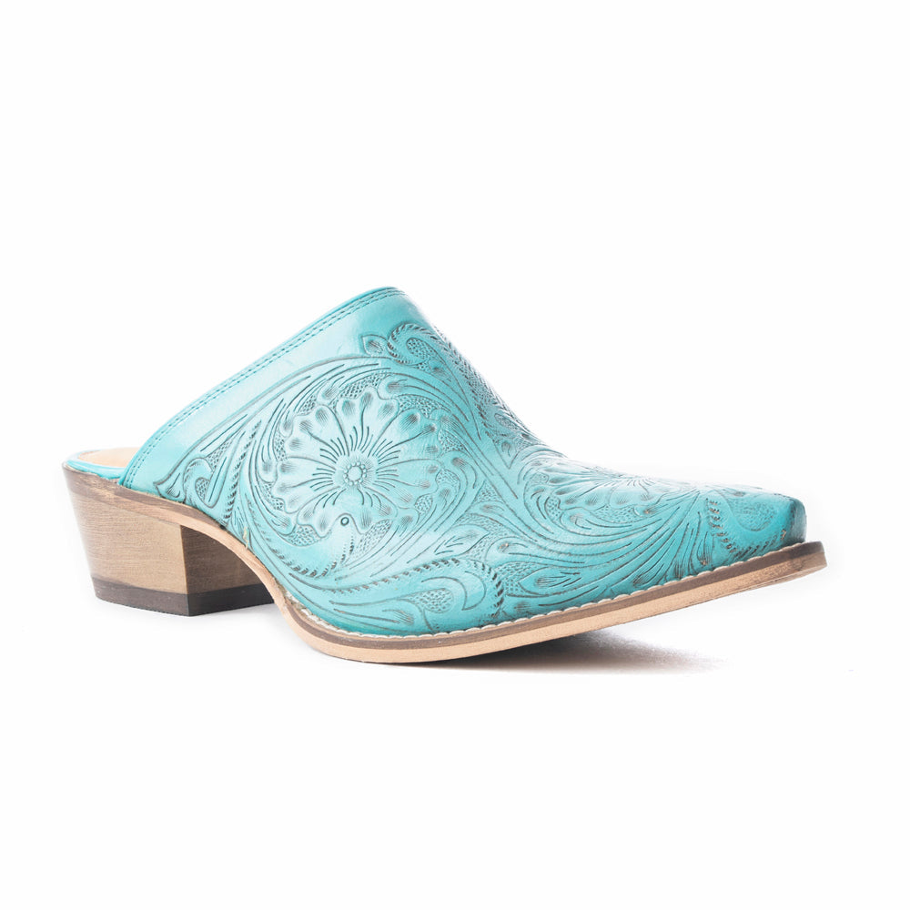 Myra Valeria Hand-tooled Mules In Turquoise
