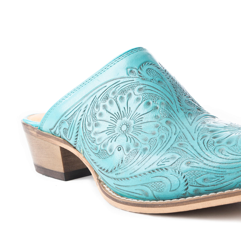 Myra Valeria Hand-tooled Mules In Turquoise