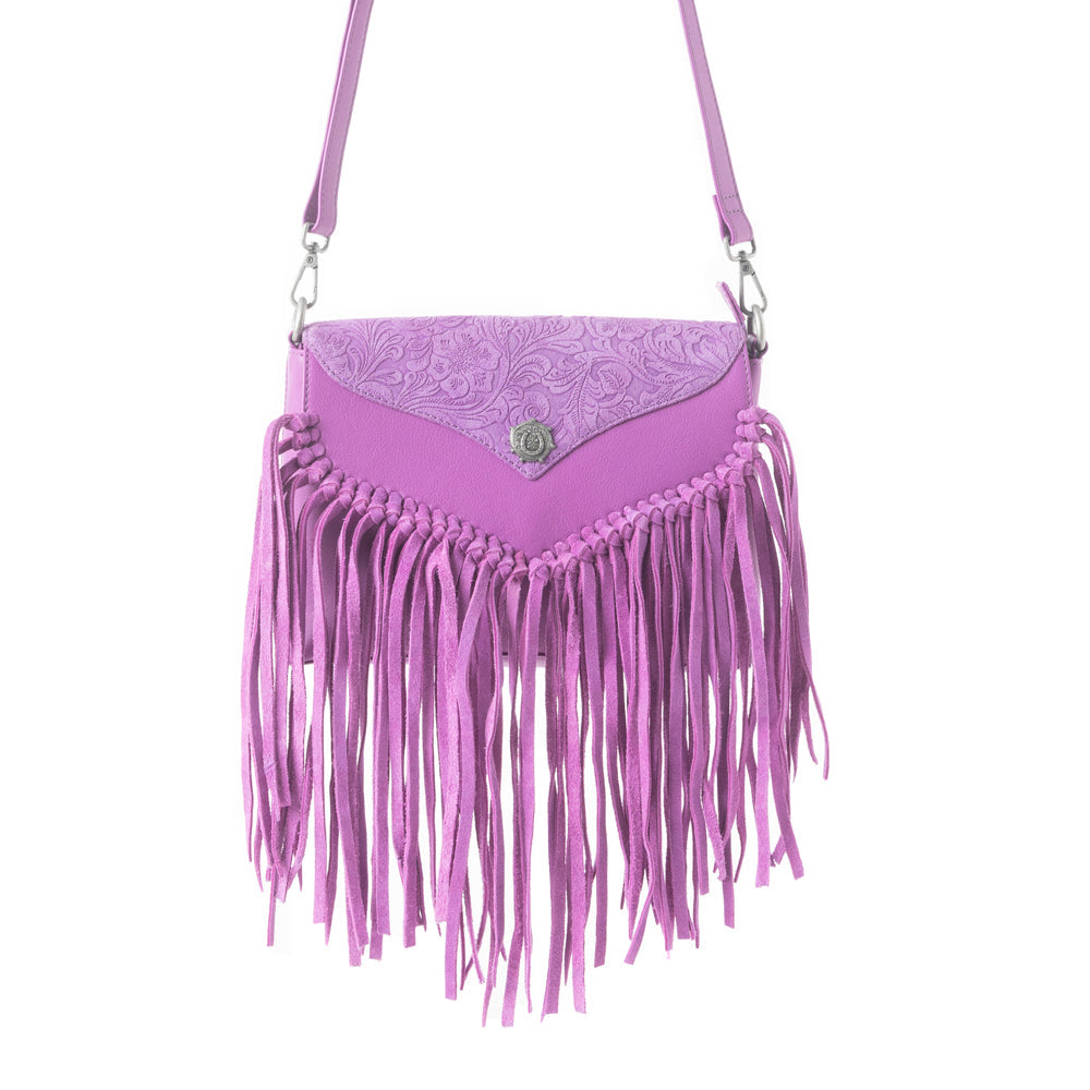 Myra Wild West Fringe Leather Crossbody Bag in Purple
