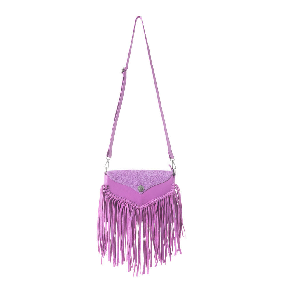 Myra Wild West Fringe Leather Crossbody Bag in Purple