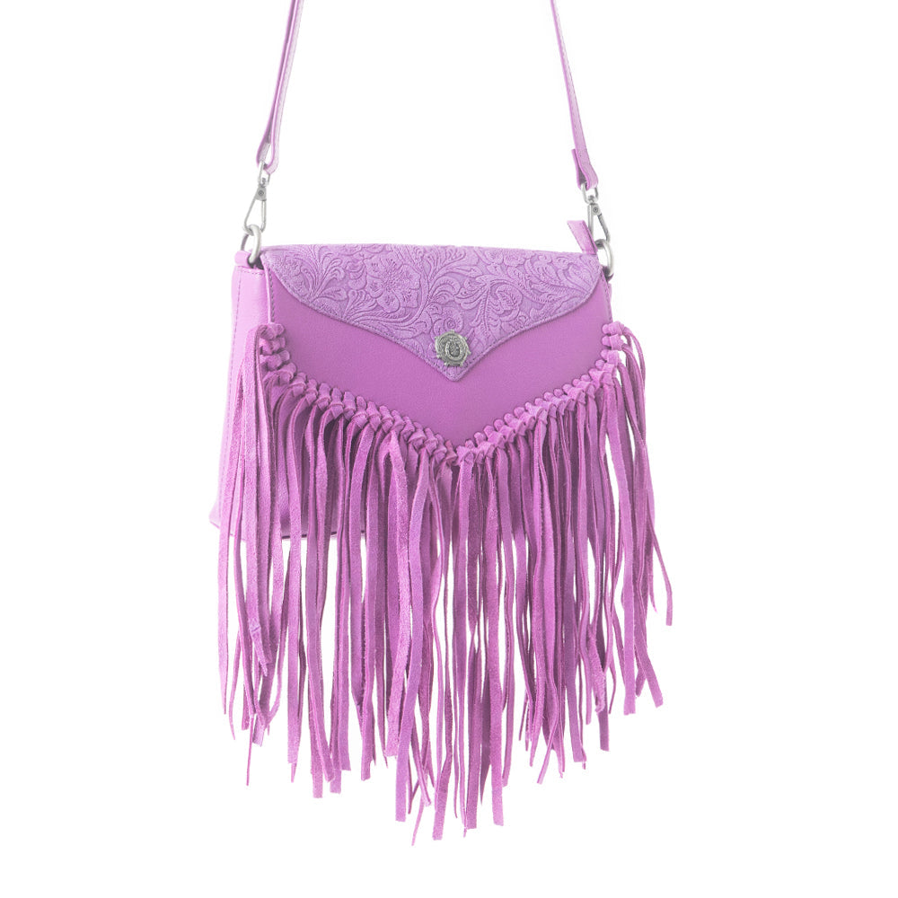 Myra Wild West Fringe Leather Crossbody Bag in Purple